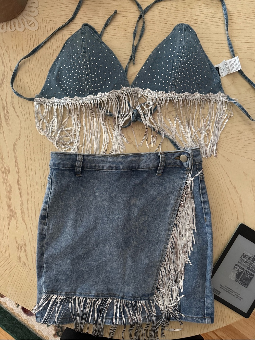 Denim Fringe Crop Top and Mini Skirt Set - Blue